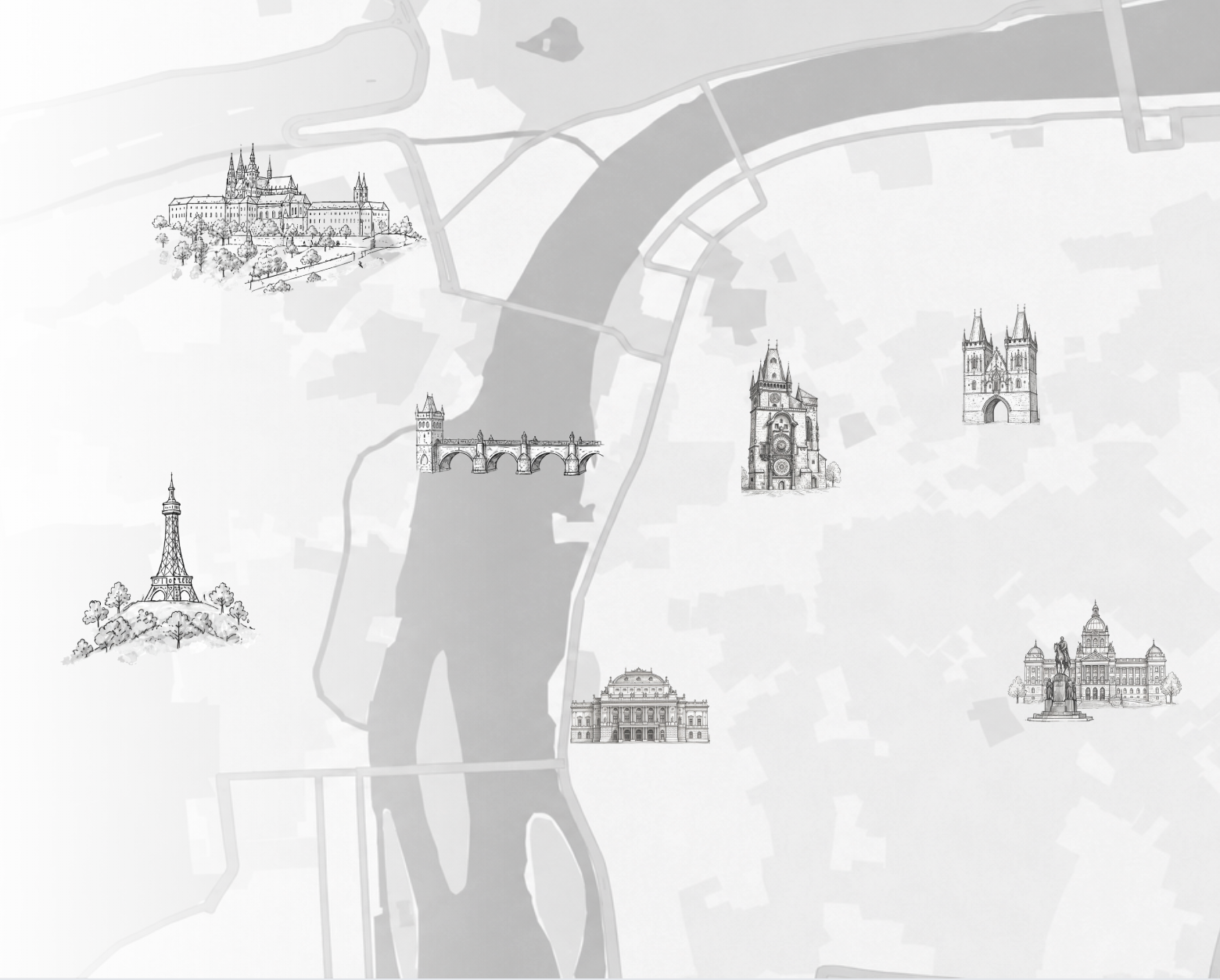 Illustrated map of Prague showing landmarks around Little King hotels